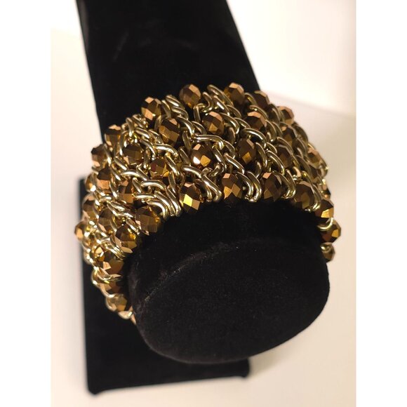 Gold & Bronze Beaded Chainmail Stretch Bracelet Multi-Strand Women's Elegant Jew - Picture 6 of 6